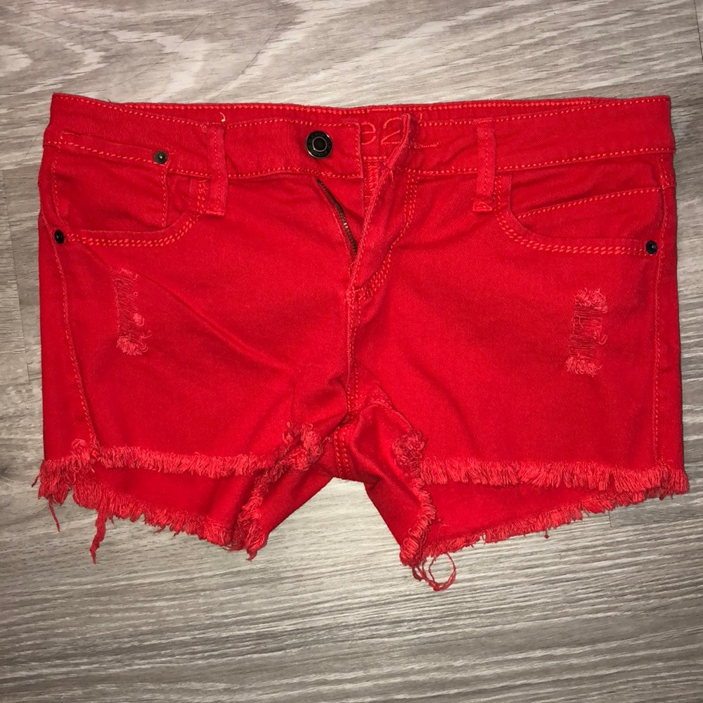 Red jean shorts